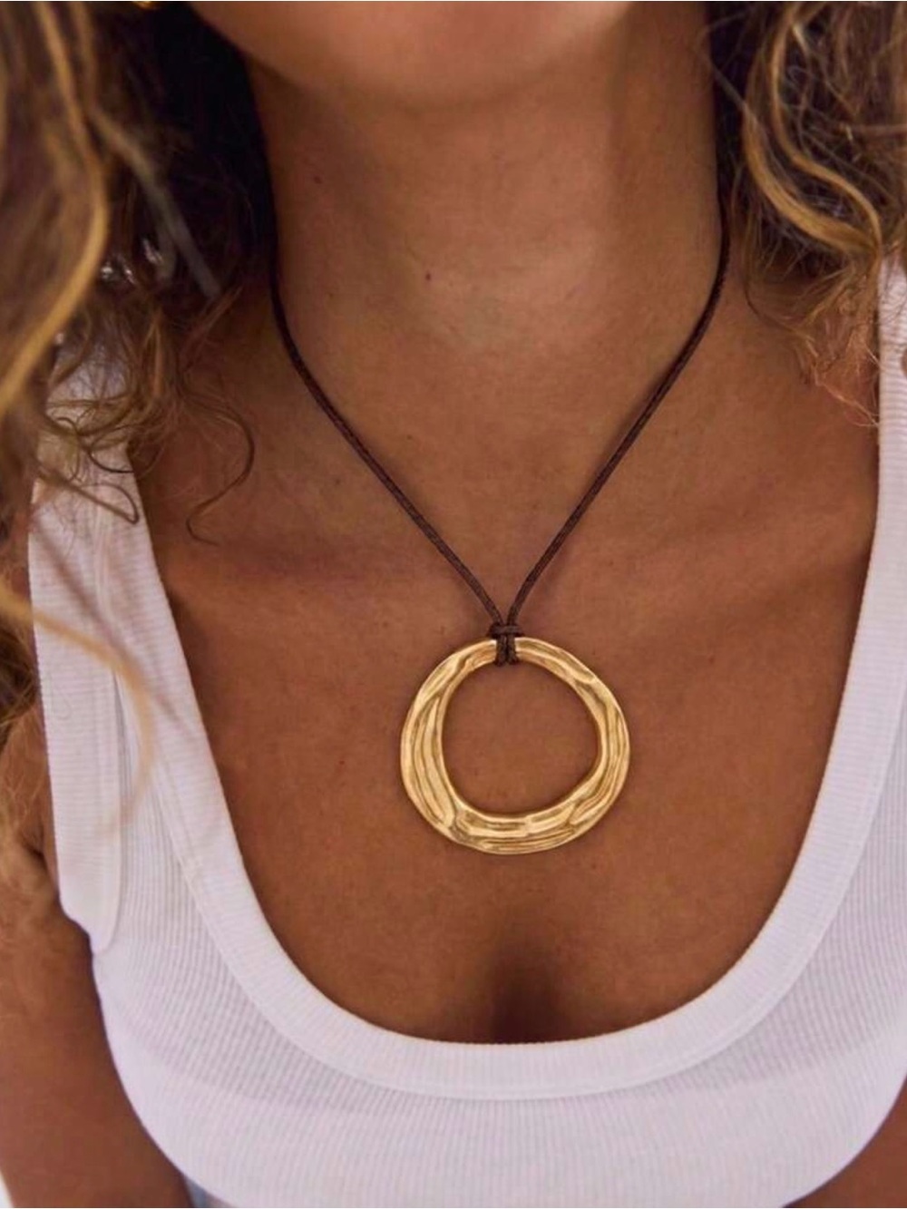 Gold Circle Pendant Necklace on Brown Cord - Women Jewelry